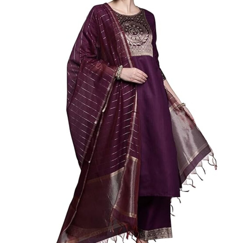 Women's Cotton Yoke Design Straight Kurta Pant with Dupatta Set